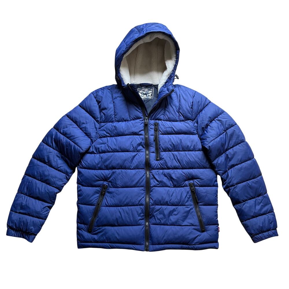 Levi's Quilted Puffer Jacket Sherpa Lined Hood Men's Medium Royal Blue $160